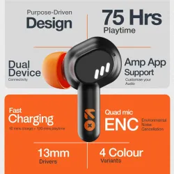 Goboult Tenet 75Hrs Battery, App Support, Dual Pairing, Quad Mic ENC, Boosted Bass, 5.4v Bluetooth Headset (Turbo Orange