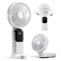 GOCKERA Portable Fan, 4200mAh Battery Operated Fan, 5 Speeds&Digital Display, Makeup Fans for Women with Base, 180°Folda