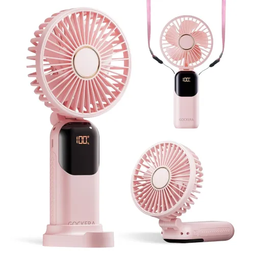 Image of GOCKERA Portable Fan, 4200mAh Battery Operated Fan, 5 Speeds&Digital Display, Makeup Fans for Women with Base, 180°Folda
