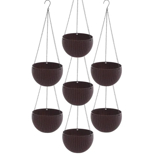 Image of Go Hooked 7.1\' Plastic Rattan Hanging Basket/Hanging Pots with Metal Hanging Chain/Hanging Planters- Set of 7 (Dark Bro