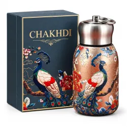 Small Water Bottle 300ml, Mini Stainless Steel Drinking Bottle with Leak-Resistant Lid and Keyring, Compact Reusable Bottle for Office, School, College, Travel, Gold Peacock