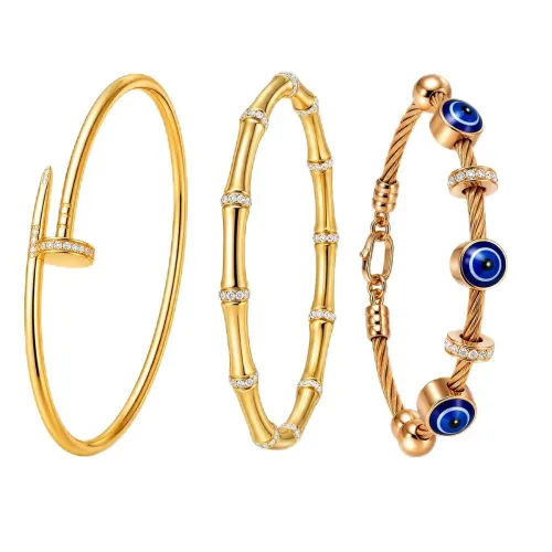 Image of Gold Plated Bracelet Combo for Women – 3 Piece Set with Nail Cuff, Crystal Bamboo Bangle 