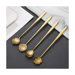 Gold Tone Dessert Spoon Set with Decorative Flower and Heart Shaped Spoon Heads