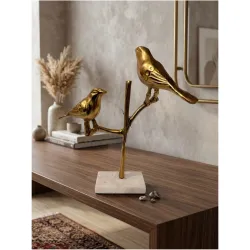 Golden Birds on Branch Sculpture with Marble Base, Metal
