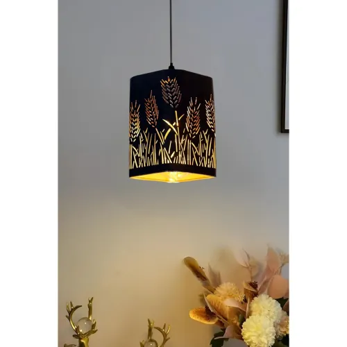 Image of Golden & Black Metal Lezer Cutting Wheat Stalk Design Rectangle Pendant Lamp