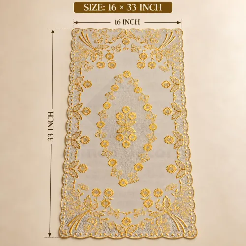 Image of Golden Design Dining Table Runner, Rectangular PVC Centre Table Runner with Lace