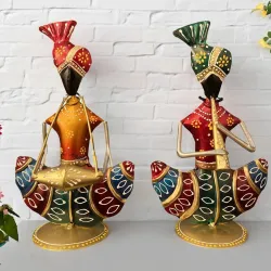 Golden Finish Rajasthani Musician Figurines Set of 2 | Handcrafted Metal Showpiece | 5x2x9 Inch | Traditional Home Decoration Items for Living Room | Ethnic Table Decor & Gift Item