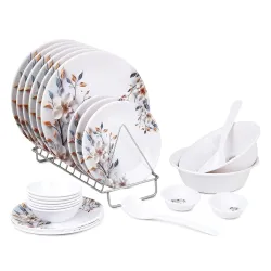Golden Fish Melamine Printed Dinner Set 24 Pieces | BPA-Free & Dishwasher Safe | Durable & Stylish | Floral Print | Crockery Set for Dining & Gifting | Plates & Bowls for Daily Use (White &....