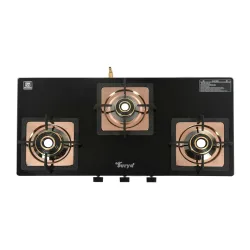 Golden Surya CXJ 32 SS Desire 3 Burner Gas Stove | Forged Brass Burners | Rose Gold Stainless Steel Body | Toughened Glass Top | Manual Ignition | ISI Certified | 18 Months Warranty