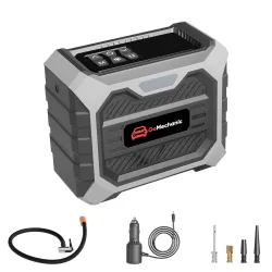 GoMechanic Tyre Inflator for Car and Bike | Works with Both DC Port & Battery Operation | 150 PSI | 3 x 1800mAh Batteries | Rechargeable 12V DC | Multi-Nozzle Function | Digital Display & LE...