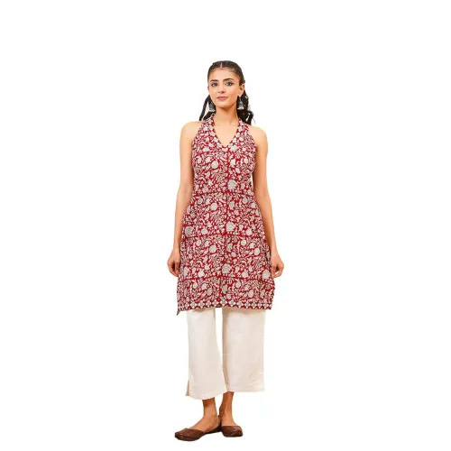 Image of GOODHAND Red Cotton Block Printed Halter Kurti 