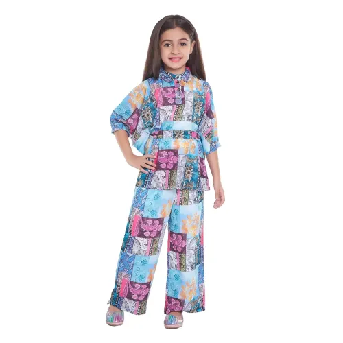 Image of GORLYA Cotton Three Fourth Bat Wing Sleeves Floral & Paisleys Printed Coordinating Top & Pant Set 