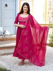 GoSriKi Thread Work Anarkali Kurta With Trouser & Dupatta