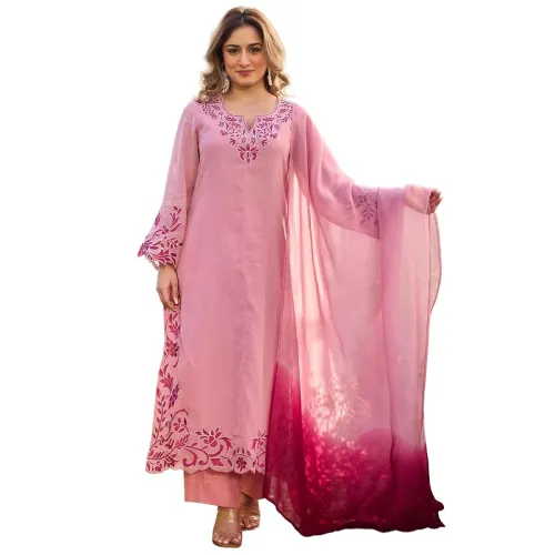Image of GoSriKi Viscose Embroidered Kurta Palazzo Dupatta Set