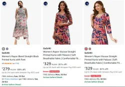 GoSriKi Womens Rayon Blend Straight Block Printed Kurta with Pant at minimum