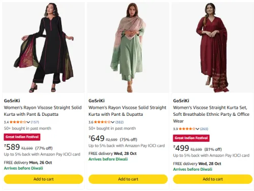 Image of GoSriKi Women's Rayon Viscose Straight Solid Kurta with Pant & Dupatta at minimum 67% Discount