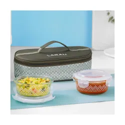 Gracia Borosilicate Glass Lunchbox with Bag | 2pc Round Container (400 ml Each), Horizontal | Microwave & Dishwasher Saf