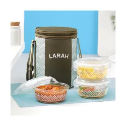 Gracia Borosilicate Glass Lunchbox with Bag 3pc Round Container Set (400 ml Each)