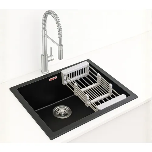 Image of Granite Quartz Kitchen Sink (24x18x8, Midnight Black) | Undermount, Topmount & Flushmount Single Bowl | UV Protected, Sc