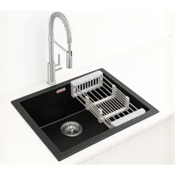 Granite Quartz Kitchen Sink (24x18x8, Midnight Black) | Undermount, Topmount & Flushmount Single Bowl | UV Protected, Sc
