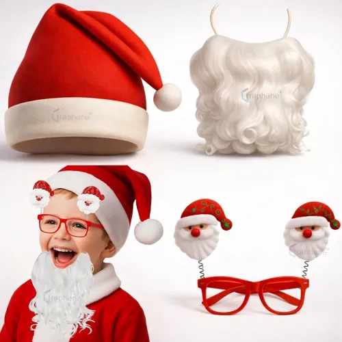 Image of GRAPHENE 3 Pcs Christmas Accessories Combo Santa Cap Glasses Frame & White Beard Set Santa Spring Goggles 