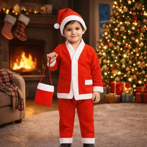 Image of GRAPHENE Christmas Santa Claus Dress Costume for Boy Girl Kids Children with Jacket Pant Cap Pouch Merry Christmas Xmas 