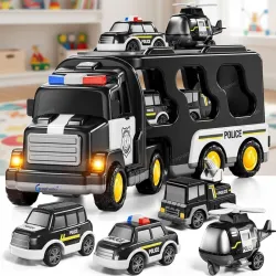 GRAPHENE 5 in 1 Friction Powered Police Truck Toy Car Set for Boy 3-10 Years Transport Vehicle Montessori Carrier Educational Light Music Pullback Monster Truck Mini Helicopter Taxi Playset....