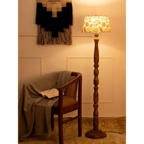 Image of Green Girgit Wooden Brown Floor Lamp with Taper Red Daisy Multicolor Lamp Shade Rustic Wooden Floor Lamp with Floral Sha