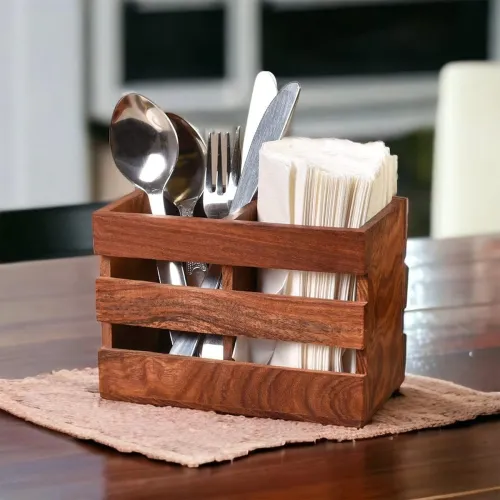 Image of Green Wood Rustic Wooden Cutlery Holder