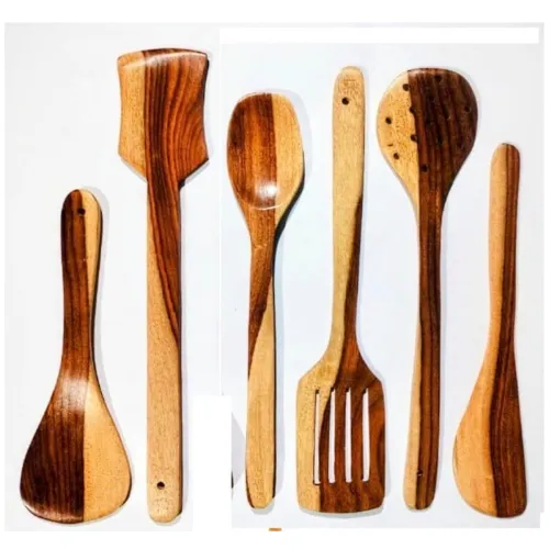 Image of Green Wood Wooden Kitchen Utensils Set, 7 Pieces, Natural Wood