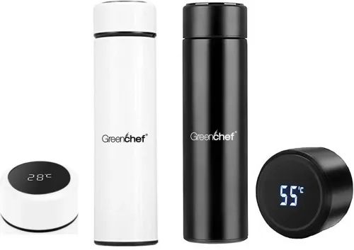 Image of Greenchef Hydra thermo water bottle 500 ml Flask  (Pack of 2, Black, White, Steel)