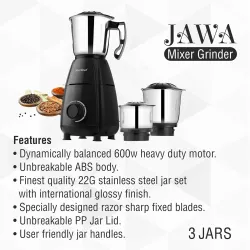 Greenchef Jawa 600W Mixer Grinder with 3 Stainless Steel Jars | 18000 RPM Heavy Duty Motor | 3-Speed Control with Incher | Black