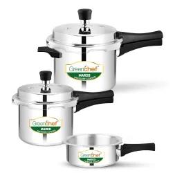 Greenchef Marco Aluminium pressure cooker combo(5ltrs + 3ltrs + 2ltrs pan) Induction compatible - ISI Certified