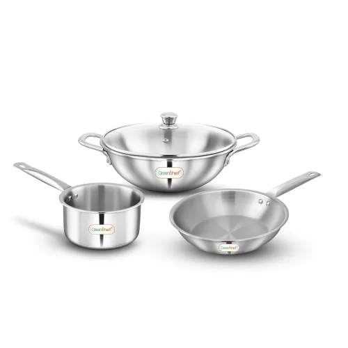 Image of Greenchef Stainless Steel Tri ply Crest Combo (Kadhai 22CM, FryPan 22CM, Saucepan 14CM)