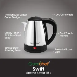 GREENCHEF Swift Electric Kettle 1.5 Litre 1500 watts with Stainless Steel Body