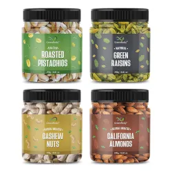 GreenFinity Dry Fruits Combo (250g Each-Pack of 4) - Green Raisins Almonds Roasted Pistachios Cashews 