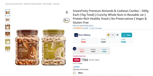 Image of GreenFinity Premium Almonds & Cashews Combo – 500g Each (1kg Total) 