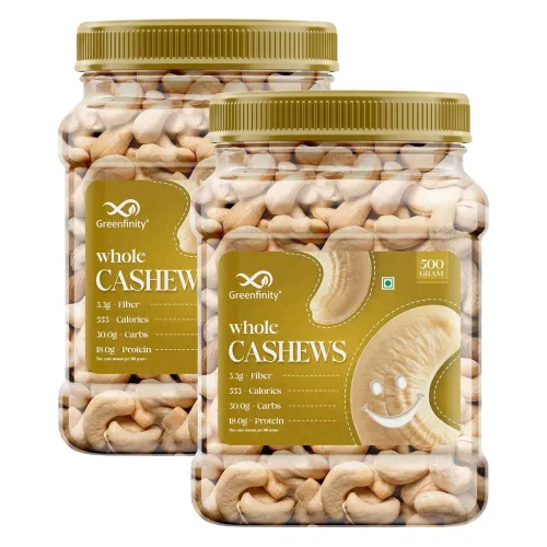 Image of GreenFinity Premium Cashew Nuts 500g [500g x 2] – Grade - W320, Crunchy & Unsalted Whole Cashews | Rich in Protein & Fib