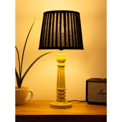 Green Girgit Yellow Pillar Wooden Table Lamp with Pleeted Black Soft Shade, Decorative Bedside Lamp for Bedroom & Living