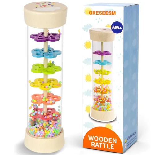 Image of GRESEESM Rain Stick, Montessori Baby Toys for 6-12 Months 1 Year Old, Baby Rattle Wooden Sensory Toys, 7.7” Rainmaker In