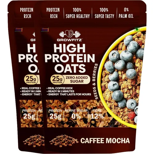 Image of GrowFitz 25g High Protein Oats 800 Gram | Caffee Mocha Flavor Breakfast Oatmeal | 12g High Fiber, Almonds, Raisin, Pumpk