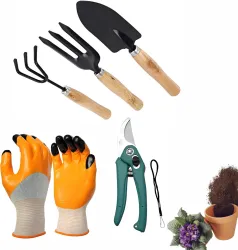 GROWTOP 3PCS Wooden Handle Cultivator Free Rubber Hand Gloves Garden Tool Kit