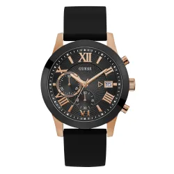 GUESS Men Comfortable Black Dial + Rose Gold-Tone Stain Resistant Silicone Chronograph Analog Watch With Date. Color:Black Dial/Rose Gold-Tone (Model: U1055G3), Black Band