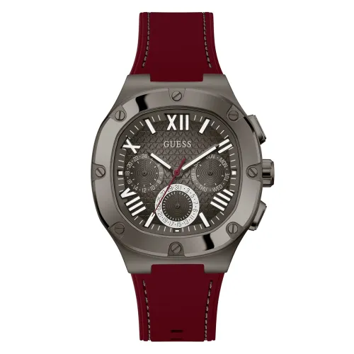 Image of GUESS Men's 42mm Watch (Black Strap, Gunmetal Dial) 