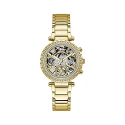 GUESS Solstice Analog Watch for Women with Clear Round Dial & Gold Stainless