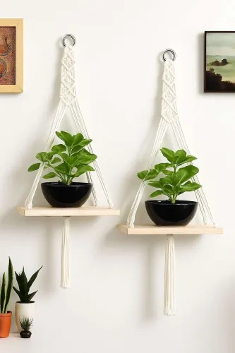 Image of GULLAK Macrame Wall Hanging Shelf for Home Decor Item Pack of 2 (10 cm X 25 cm, White)