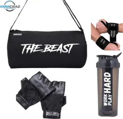 EMMCRAZ black gym bag with spider protein shaker with gym gloves and wrist support (Black, Kit Bag)