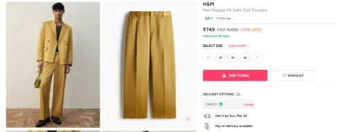 Image of H&M Men Regular Fit Satin Suit Trousers