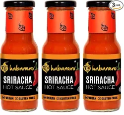 Habanero Sriracha Hot Sauce | Made with Fermented Jalapenos & Garlic | Sweet, Spicy & Tangy Chilli Sauce | Vegan & Gluten Free | 185g (Pack of 3)