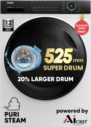 Haier 8 kg 聽5 Star with Powered by AI-DBT, PuriSteam, 525 mm Super Drum